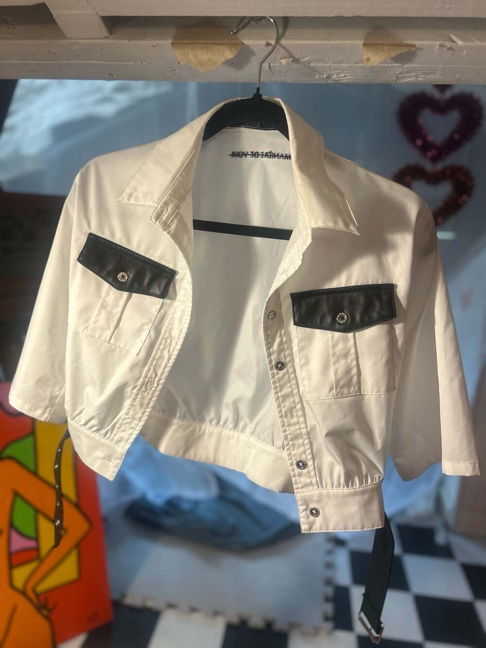Maniere De Voir White Crop Shirt With Black Faux Leather Pockets And Belt Detail